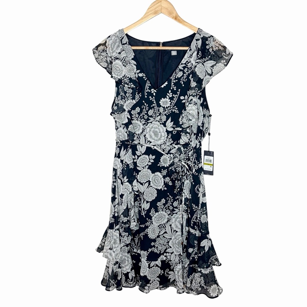 Tommy Hilfiger Floral Ruffled Dress Navy Womens Size 14 Chiffon Knee Length